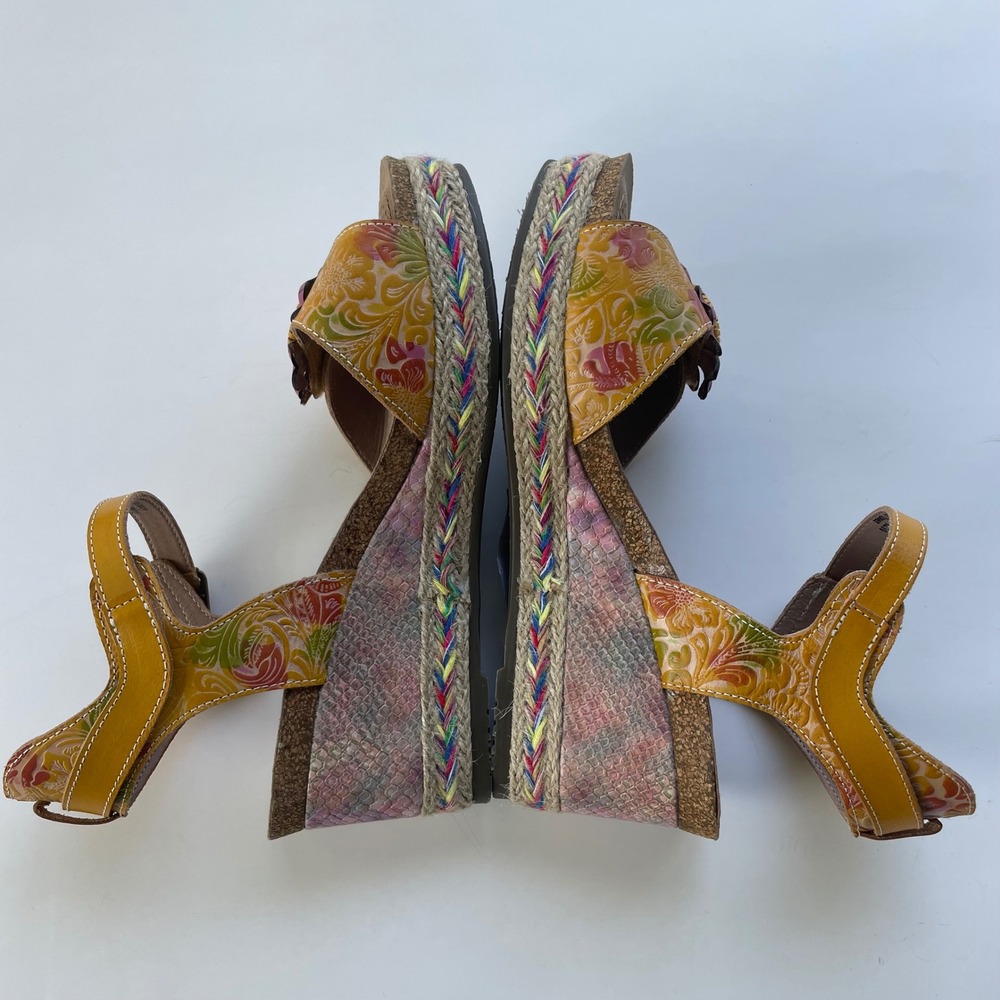 L'ATISTE Yellow Floral Leather Wedge Sandals with Pink Flower Accent - Picture 10 of 12